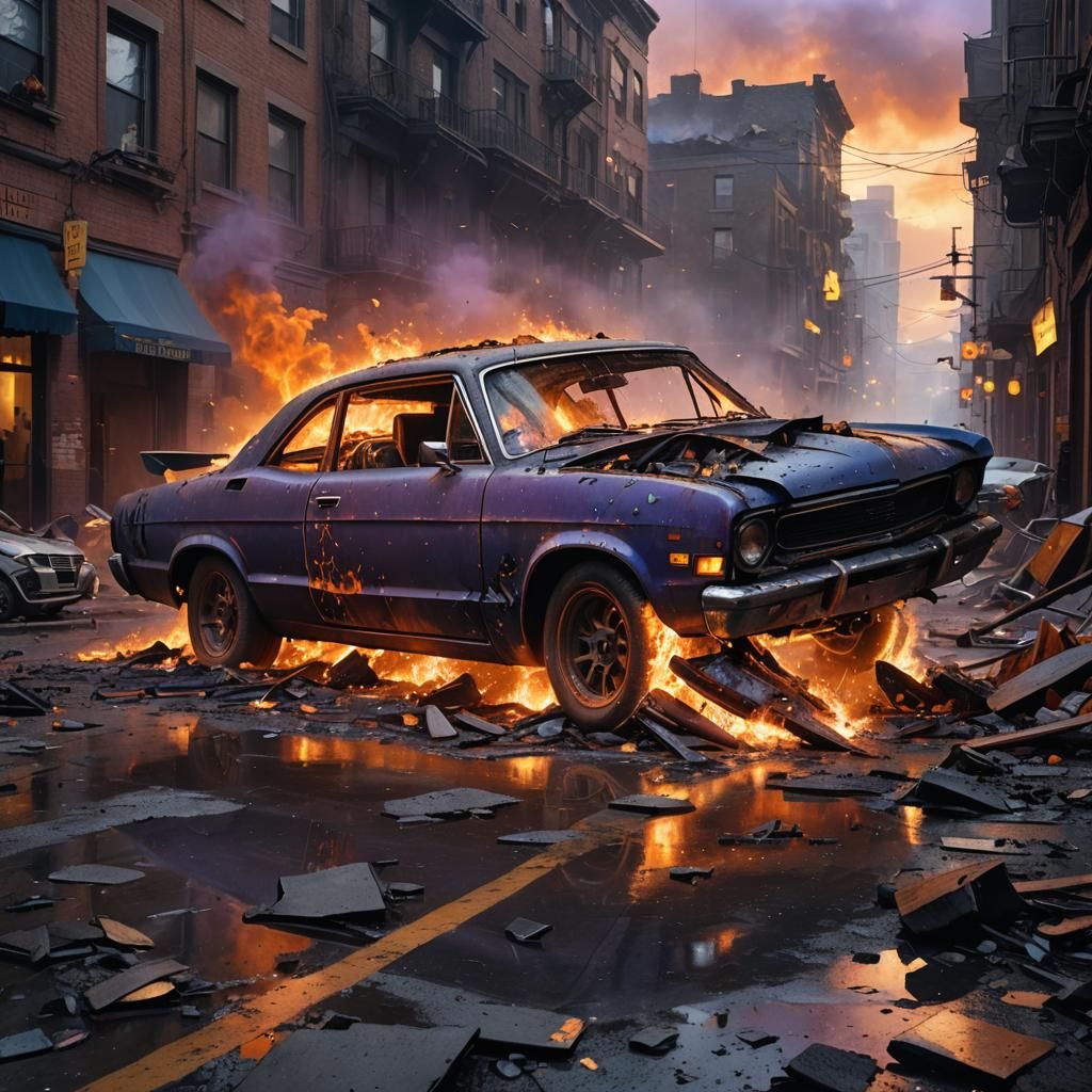 Blown Up Car in Dystopian City, Fantasy Concept Art
