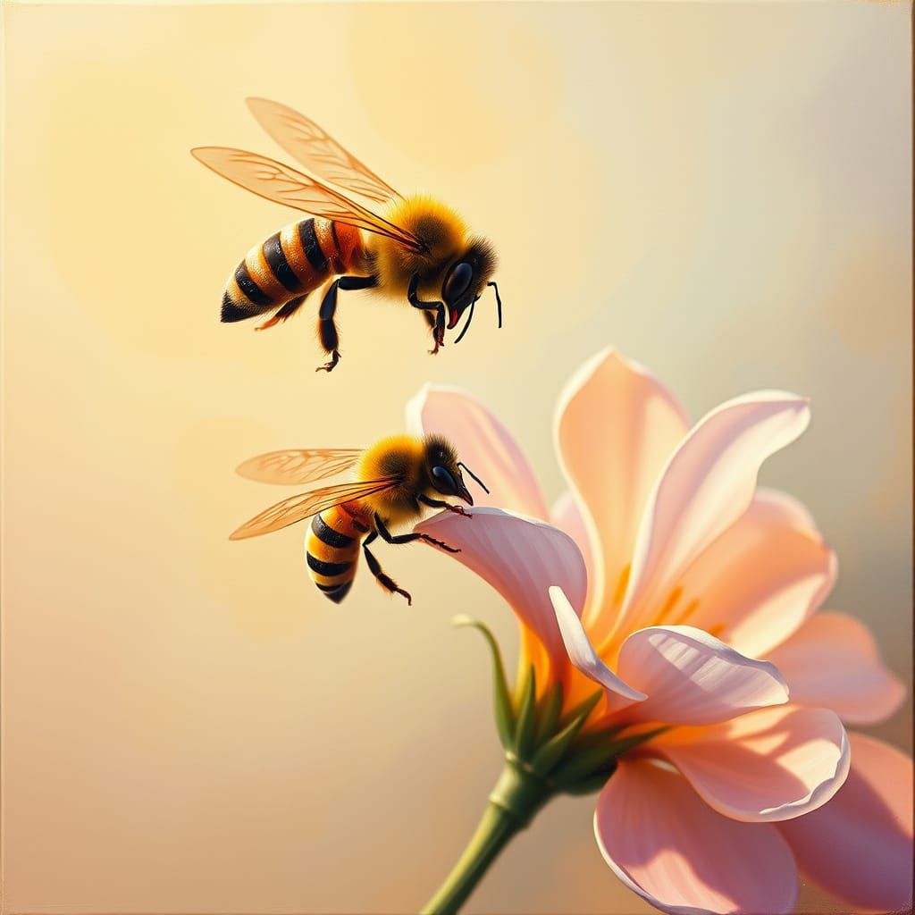 Bee Collects Nectar in a Dreamlike Floral Scene