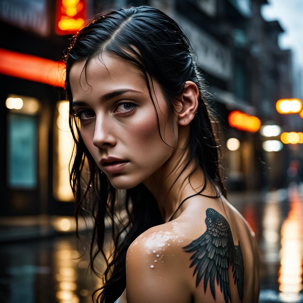 Young Woman with Tattoo Wings in Rainy Street