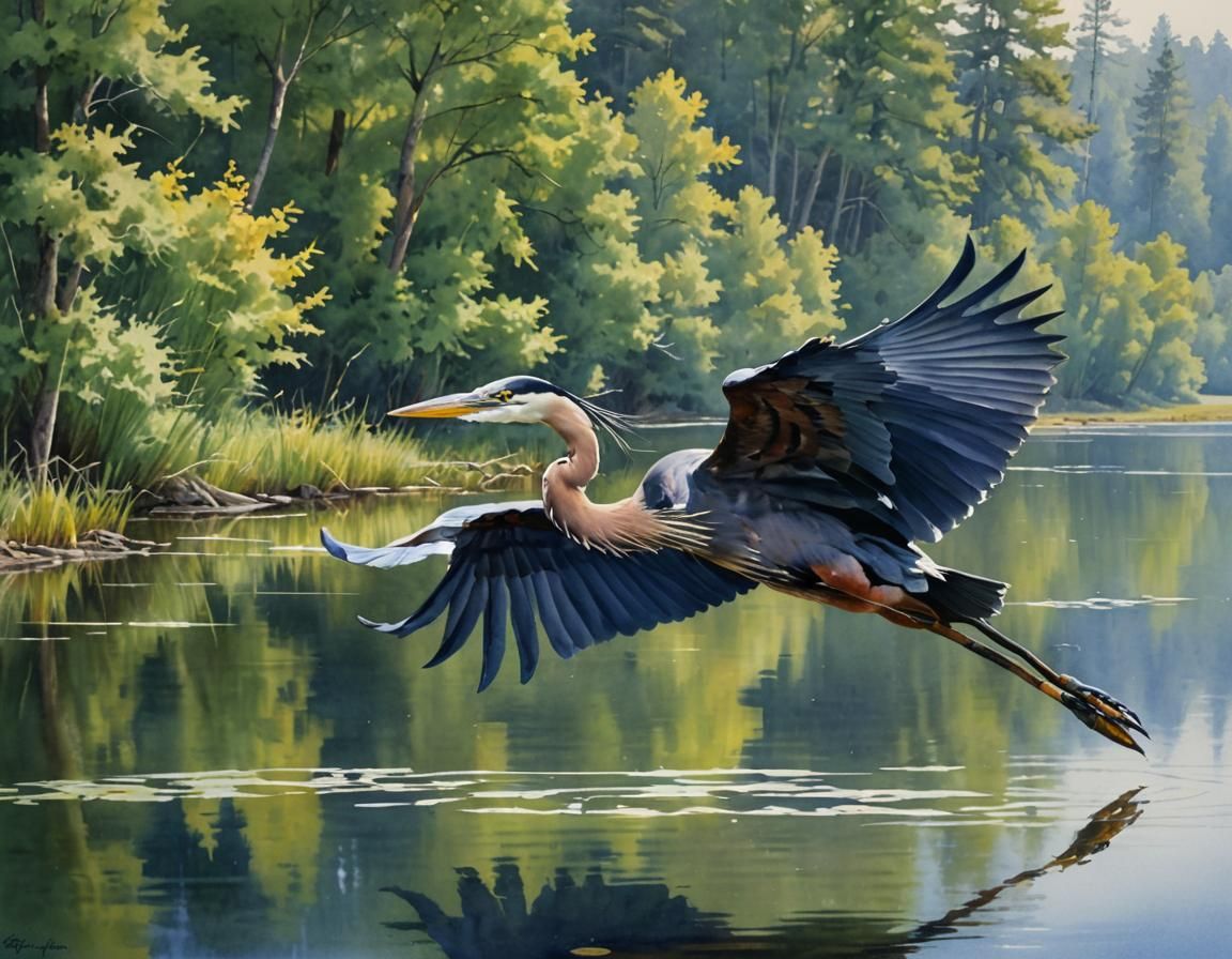 Blue Heron Gliding Over Lake, Watercolor Style