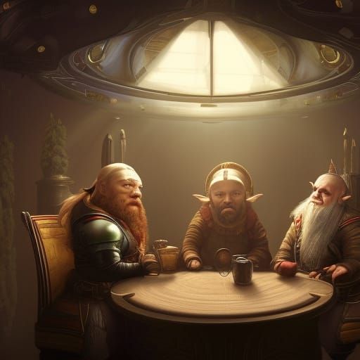 Futuristic Bar: Dwarf, Elf, and Astronaut Discuss Mission