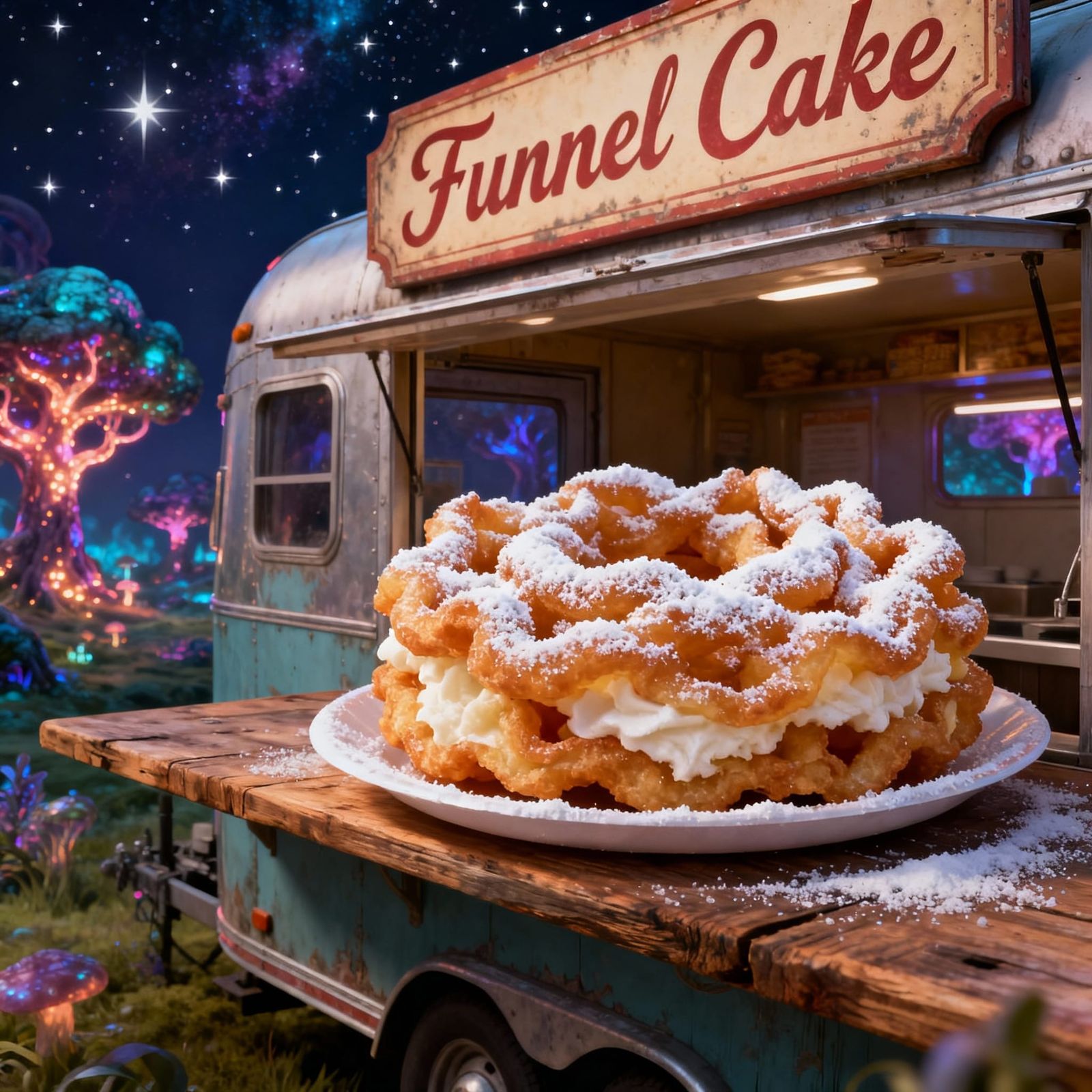 Off to the Funnel Cake trailer. One medium funnel cake, powder sugar only please.