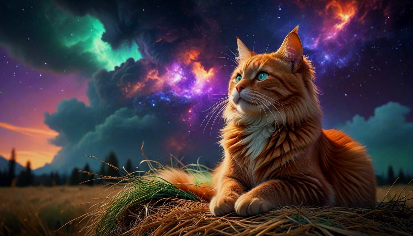 Majestic Orange Tabby Amidst a Celestial Purple Nebula