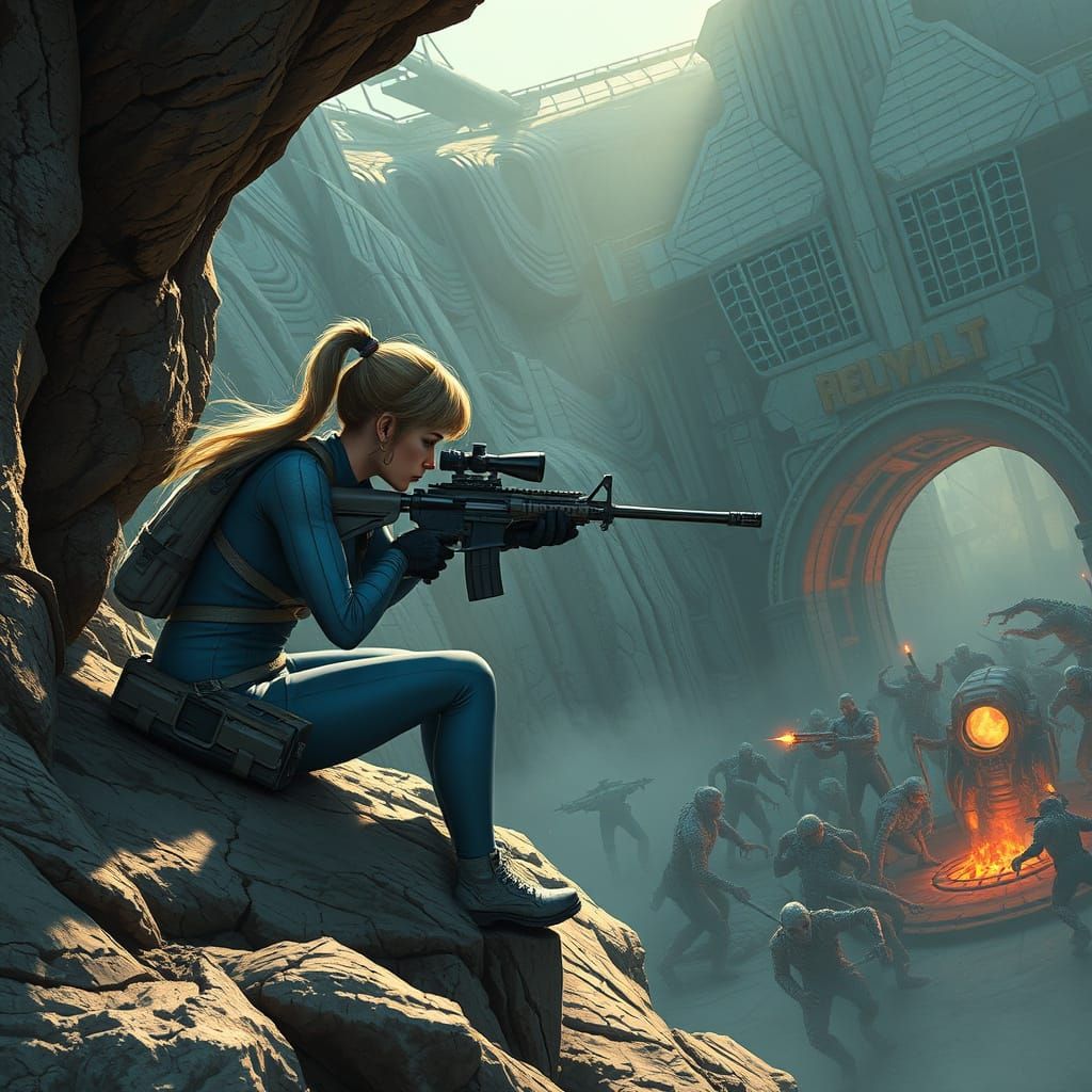 Female Sniper in Prone Position, Firing at Mutant Horde