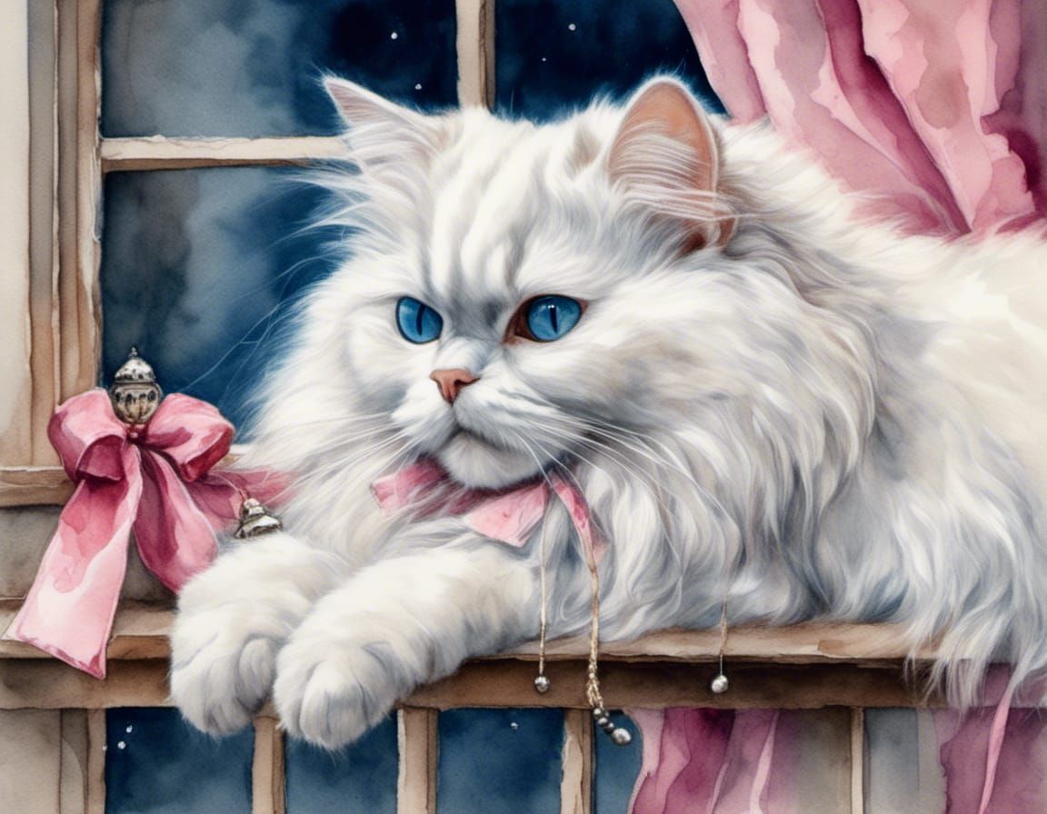 Watercolor of White Persian Cat with Blue Eyes