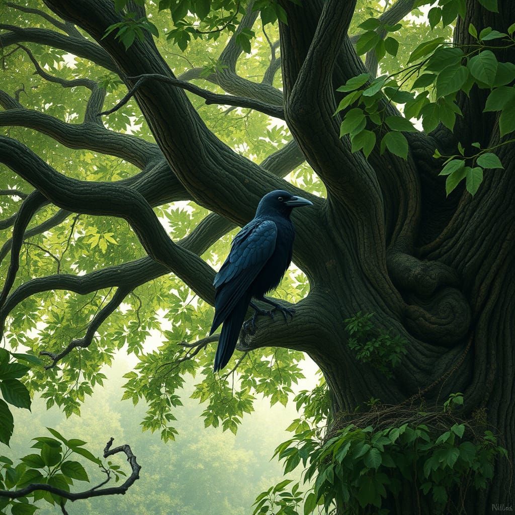 Majestic Crow Settles in an Ancient Oak
