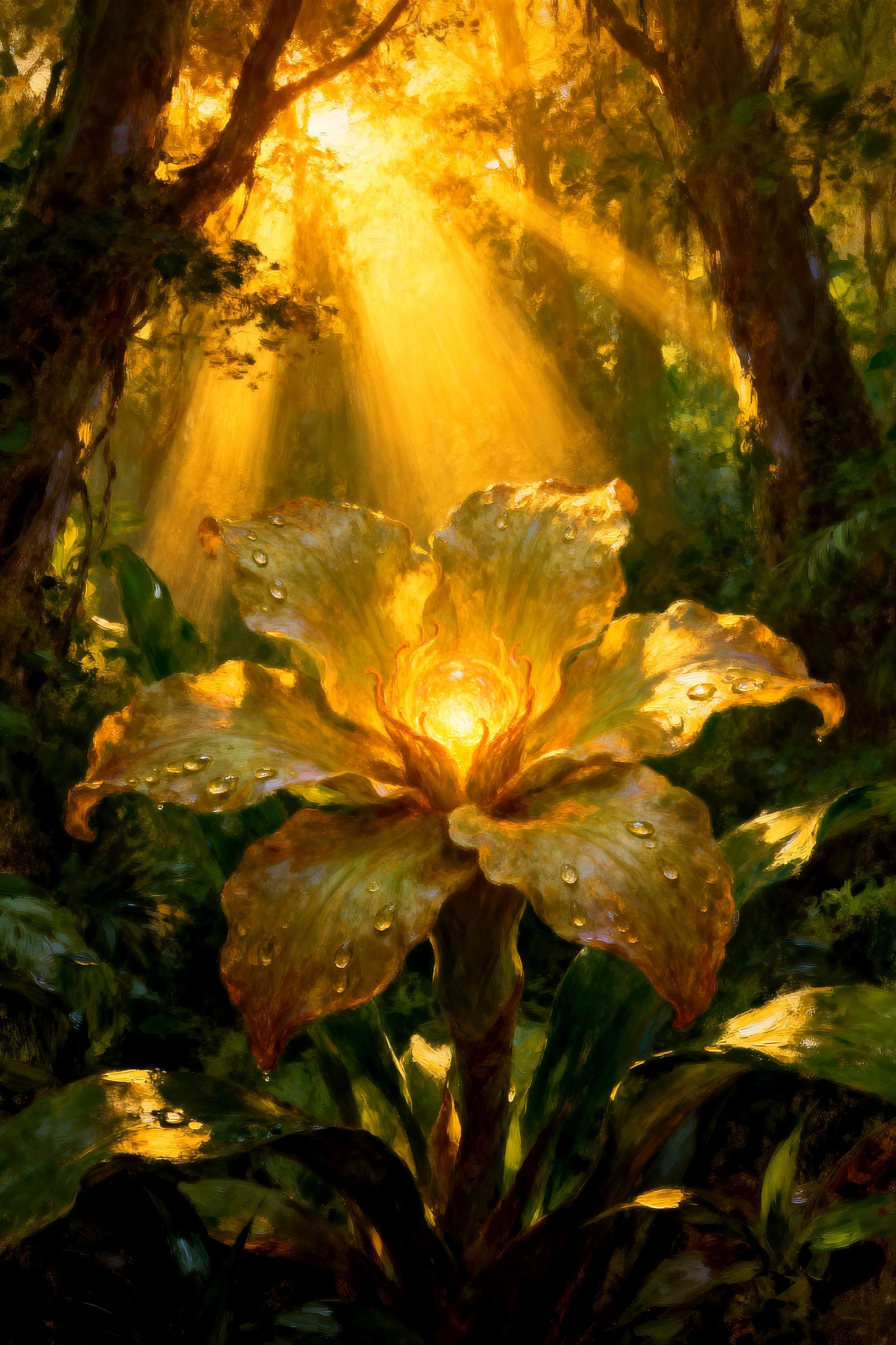 Mystical Ancient Flower in Sunlit Forest Oil Painting