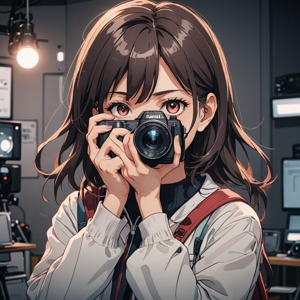 Anime Girl with Camera in Cel-Shaded Style