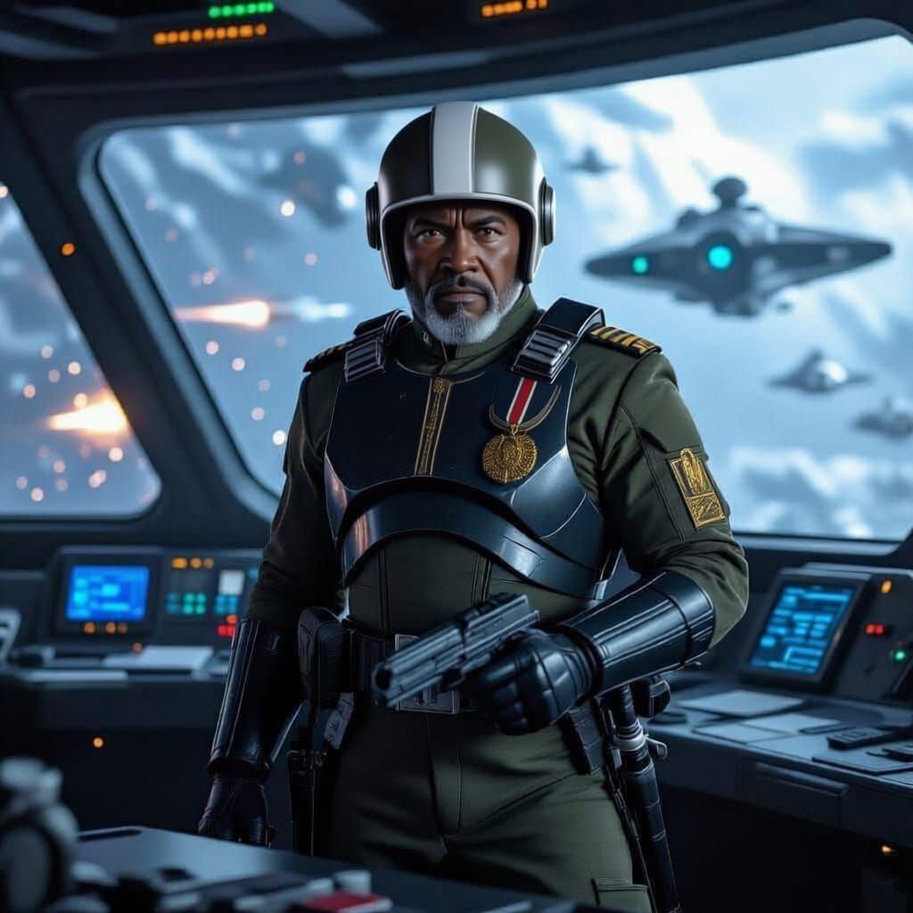 Space Admiral Prepares for Battle on Starship Bridge
