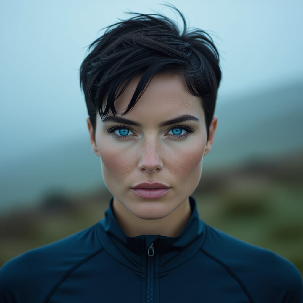Athletic Woman with Blue Cat Eyes on Misty Terrain