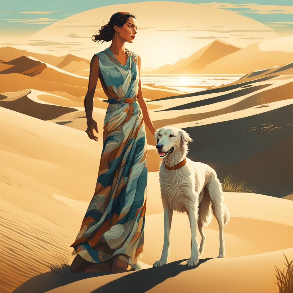 Art Deco Woman with Borzoi Dog on Beach