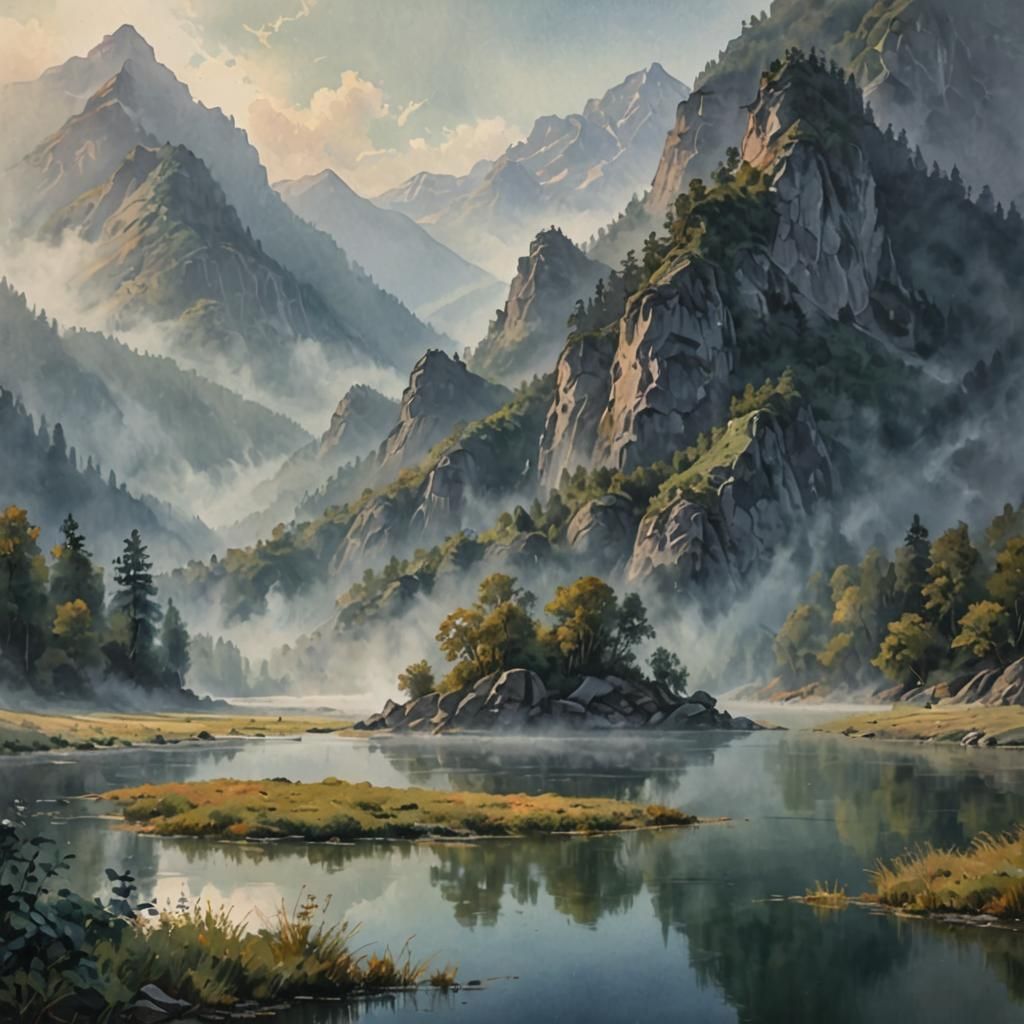 Mountain River in Gouache Impressionist Style