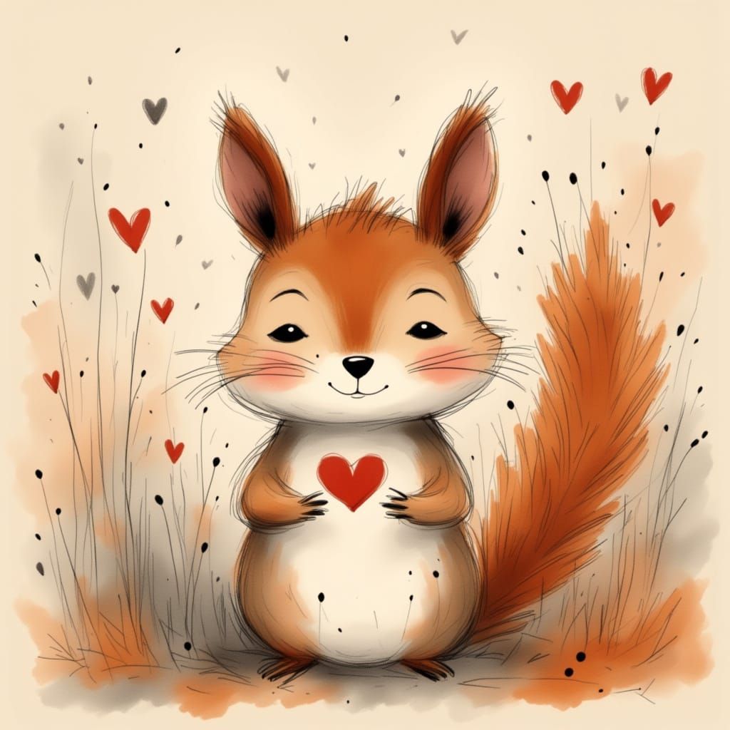 Happy Cartoony Squirrel with Googly Eyes and Hearts