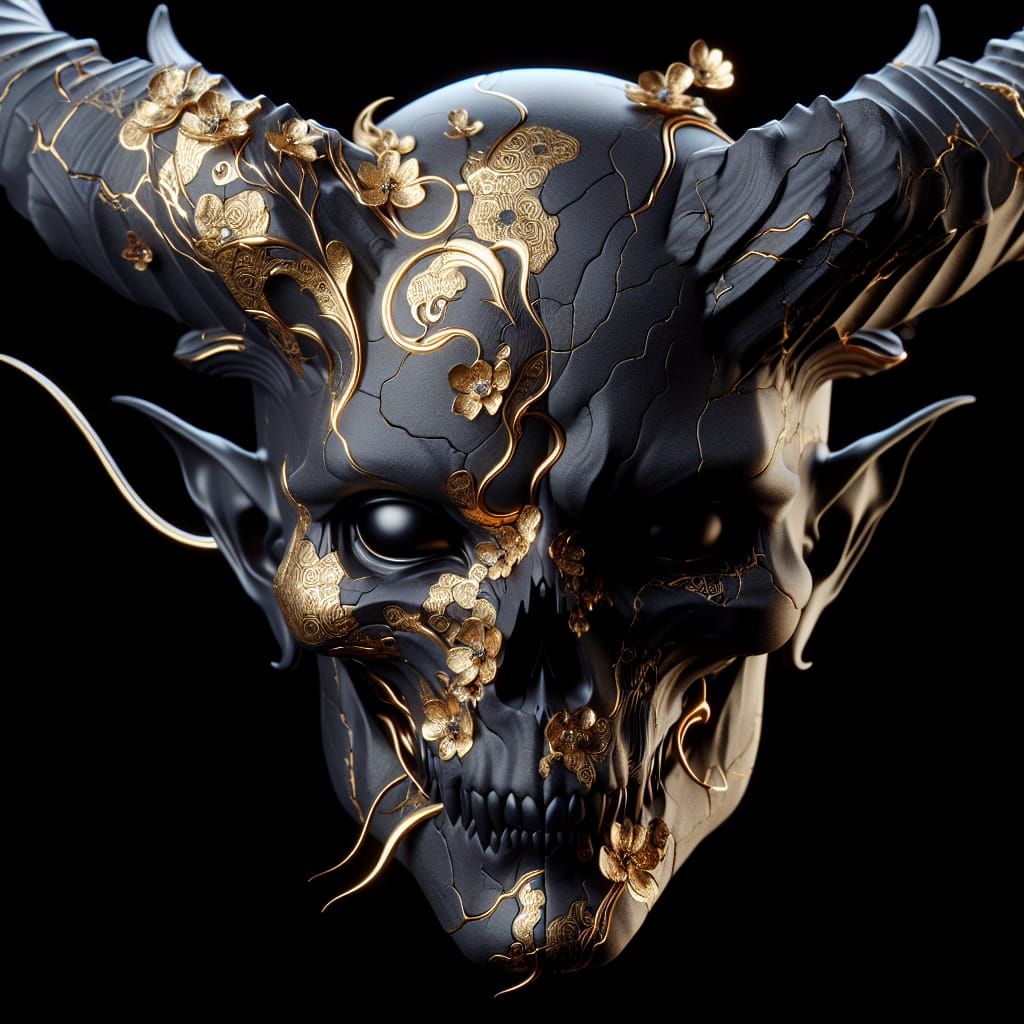 Elegant Dark Demon with Golden Kintsugi Cracks