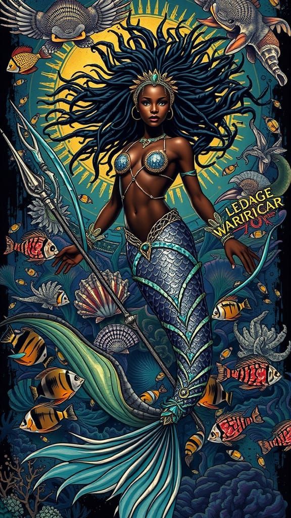Vibrant Afro-Surrealist Mermaid with Dreadlocks and Oceanic...