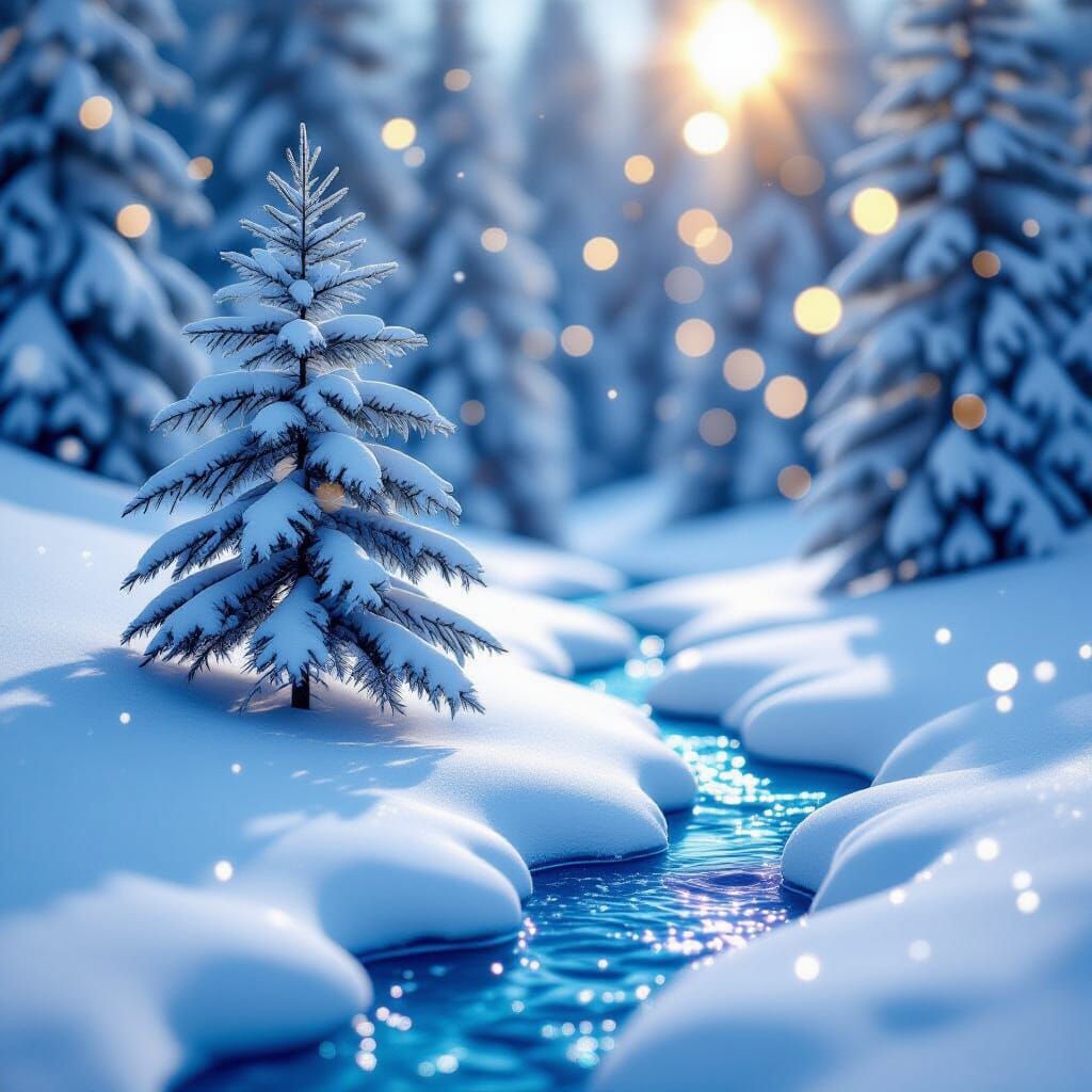 Cinematic 3D Pine Tree on Snowy Slope with Bokeh