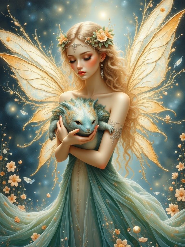 Ethereal Fairy Tends to Baby Dragon in Dreamlike Scene