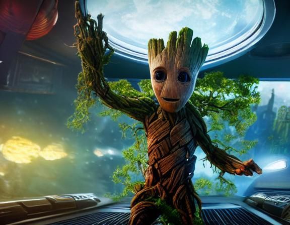 Groot Dances as Hamburger in Spaceship: Photorealistic Art