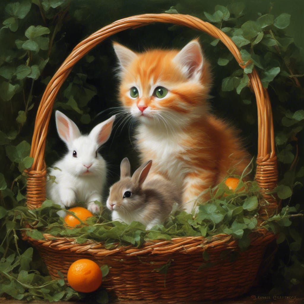 Orange Kitten and Baby Rabbits Oil Painting