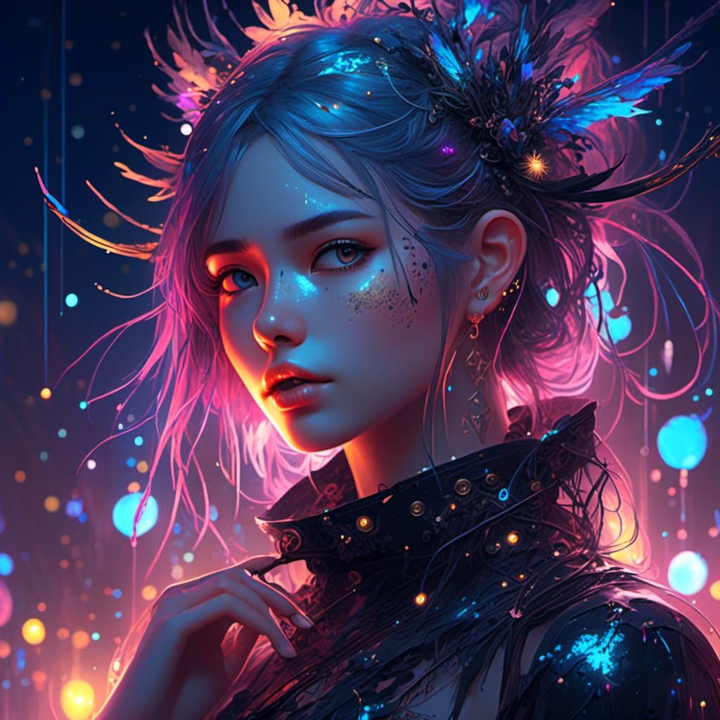 Raver Goth Girl Constellation in Bioluminescent Garden