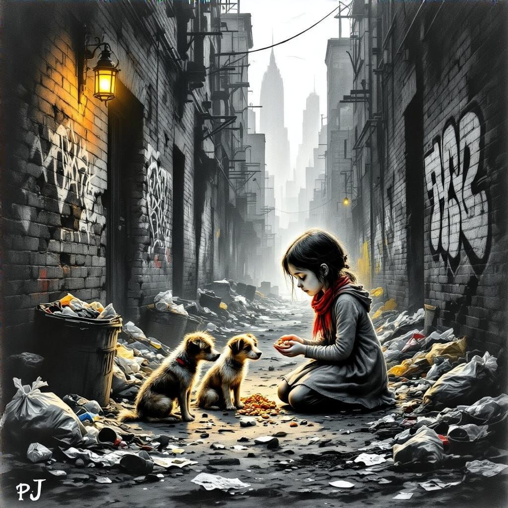 Gritty City Girl Cares for Stray Pups in Charcoal and Pencil...