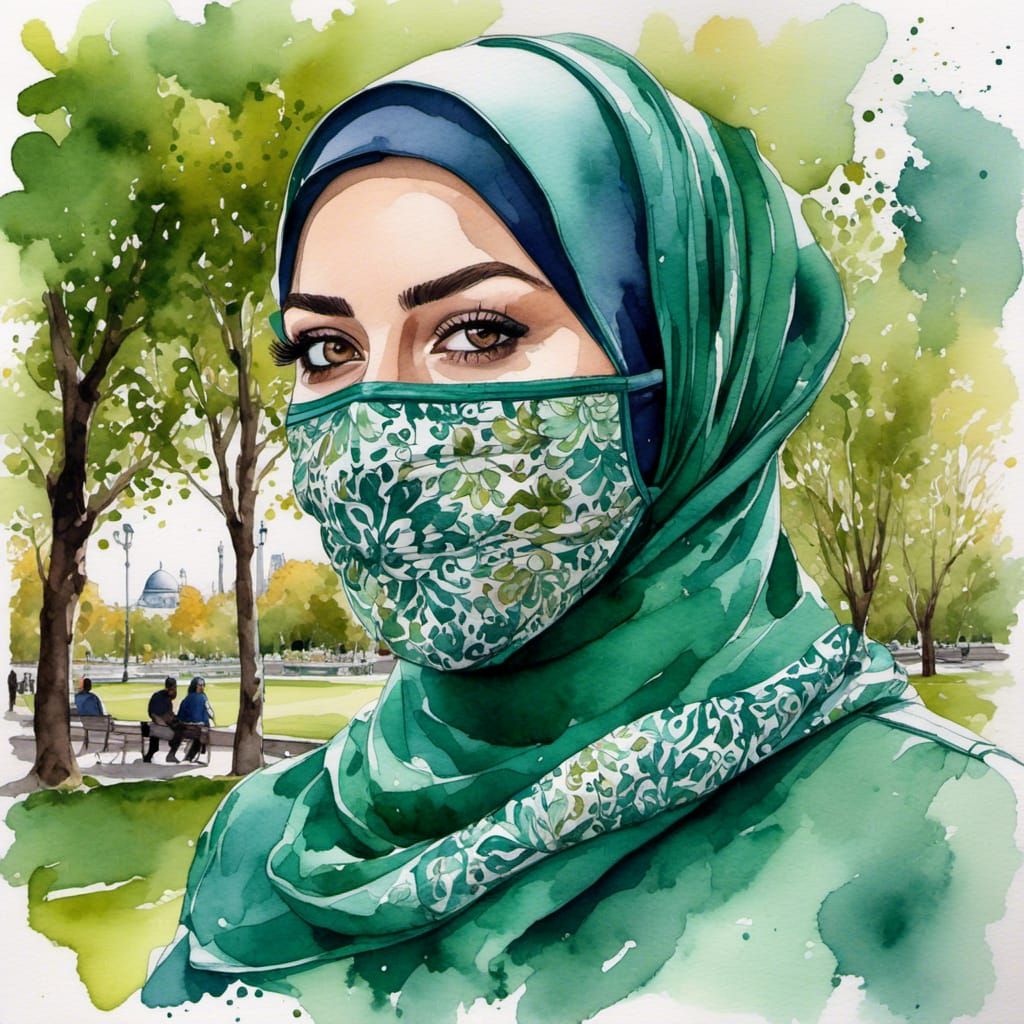 Watercolor Portrait of Woman in Hijab with Facemask