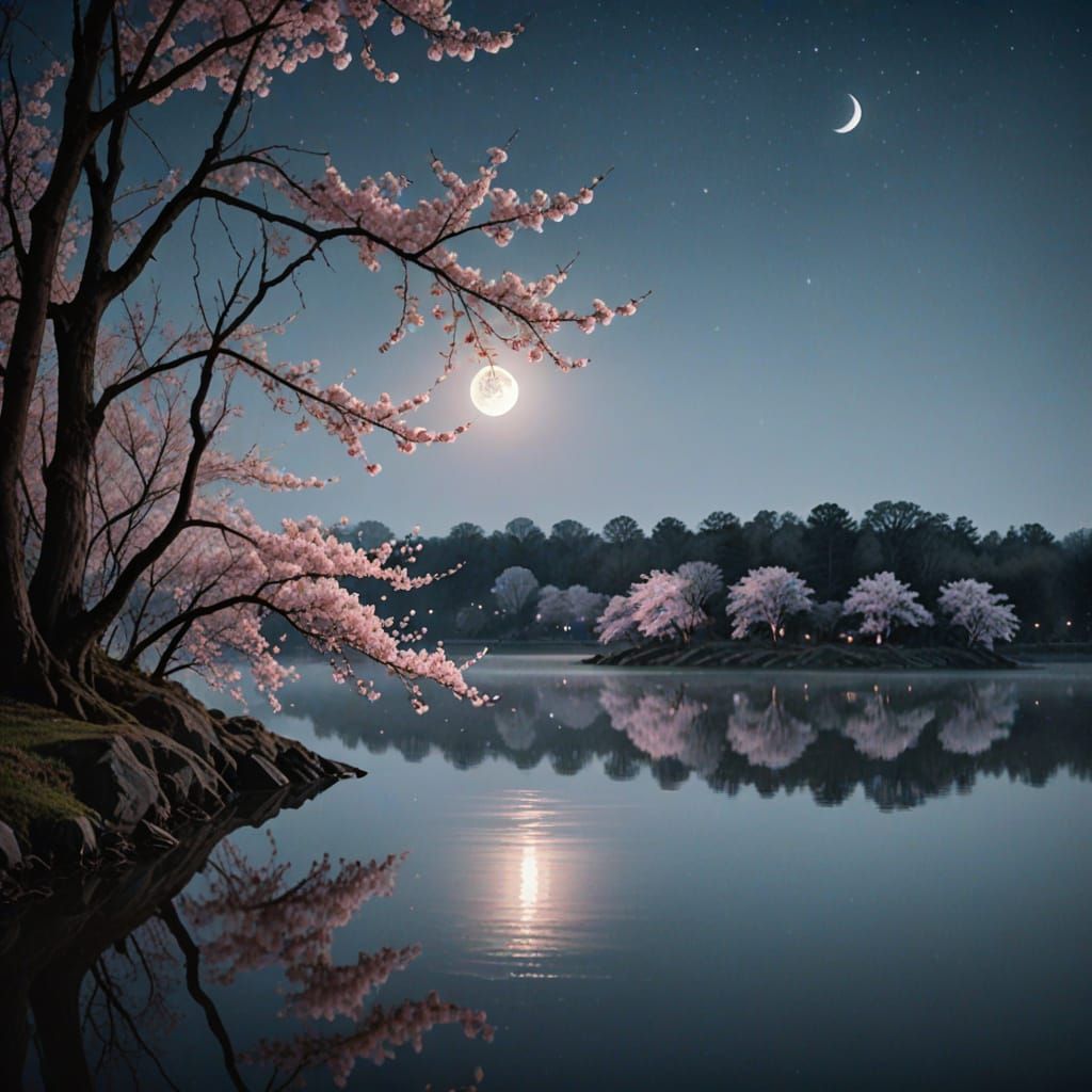 Moonlit Cherry Blossom Lake in Soft Focus