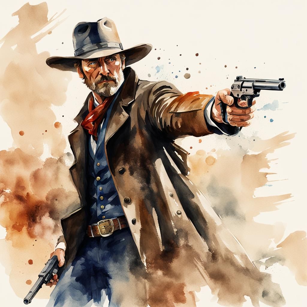 Gunslinger Confrontation: Watercolor Style Showdown