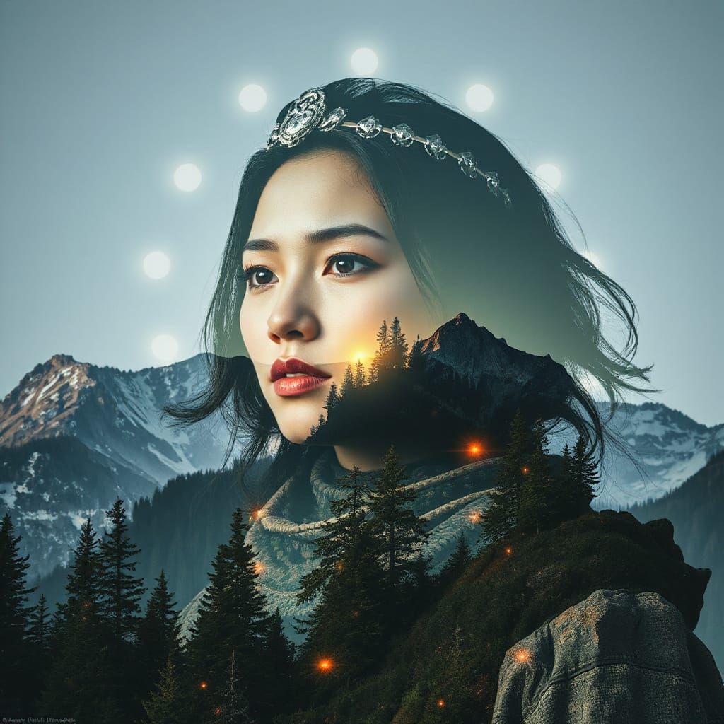 "Double exposure full portrait of a insanely majestic medici...