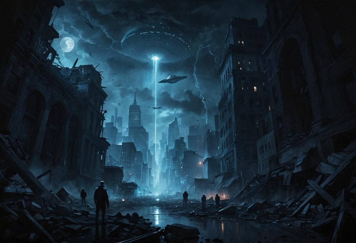 Noir New York Ruins After Alien Invasion