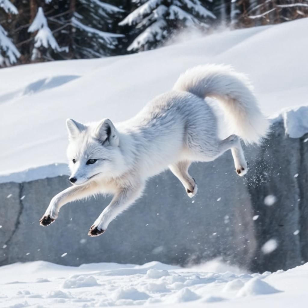 Arctic Fox Leaping Through Snowy Landscape