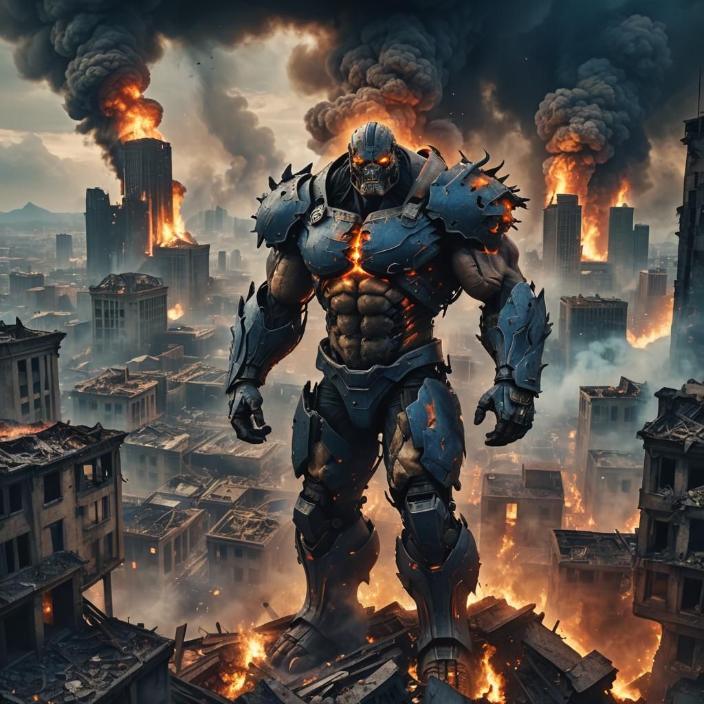 Human Titan Over Destroyed Cityscape in Dark Fantasy Art