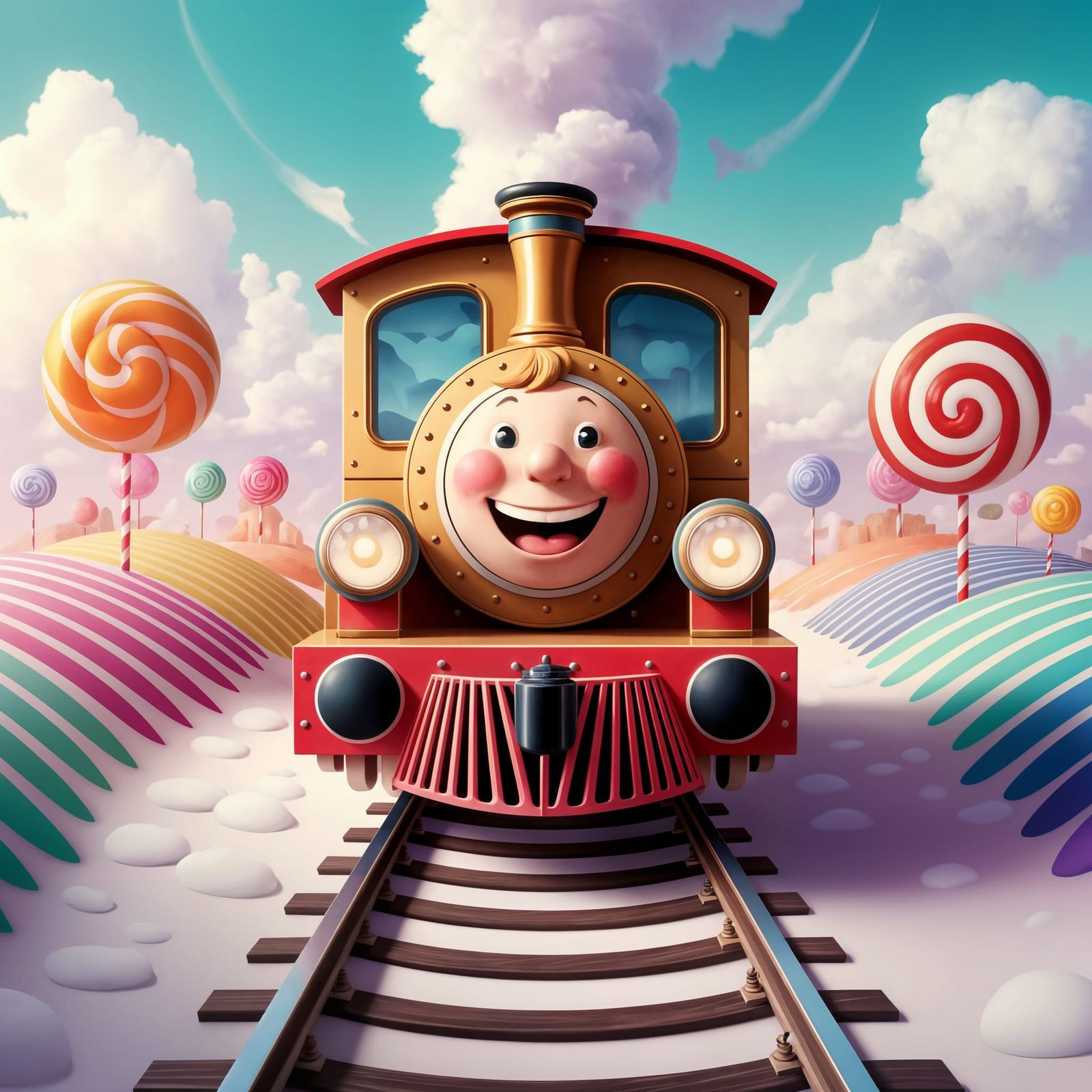 A wooden toy train along licorice rails in a dreamy, childli...