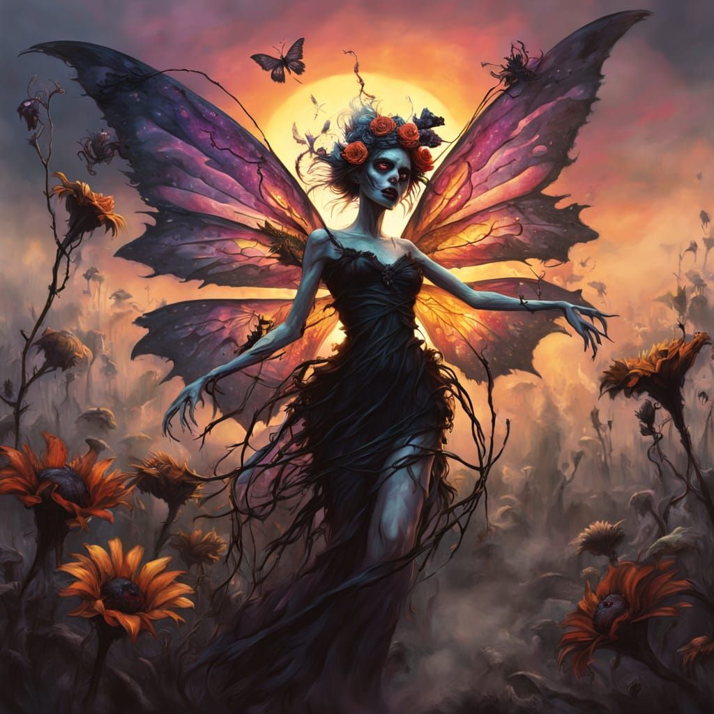 Zombie Fairy with Translucent Wings in Dark Fantasy