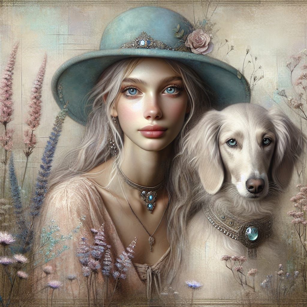 Bohemian Lady with Dog in Wildflower Field