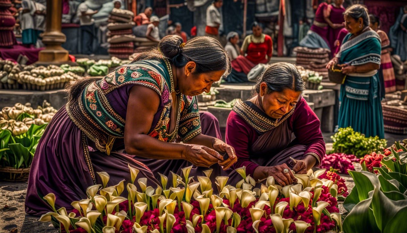 Mayan Women Arranging Lilies in Marketplace