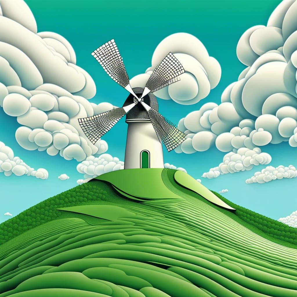 Don Quixote and Windmill Landscape, Abstract Vector Art