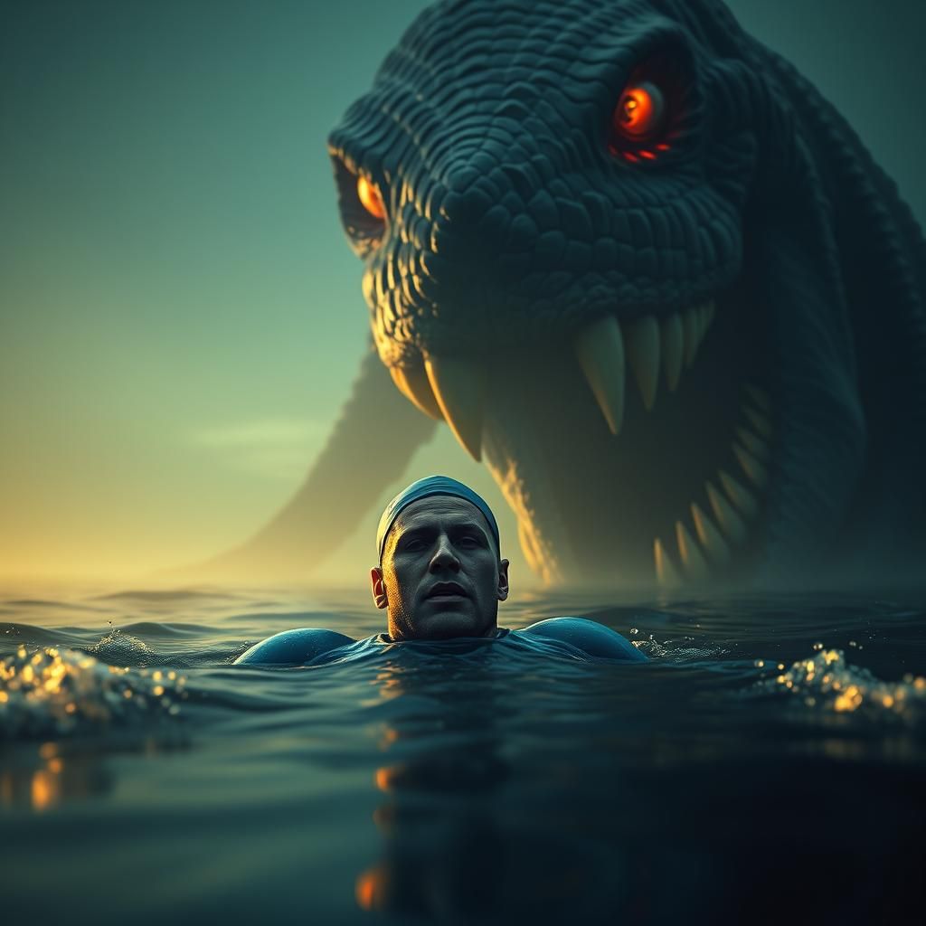 Cosmic Horror: Swimmer Confronts Abyssal Abomination
