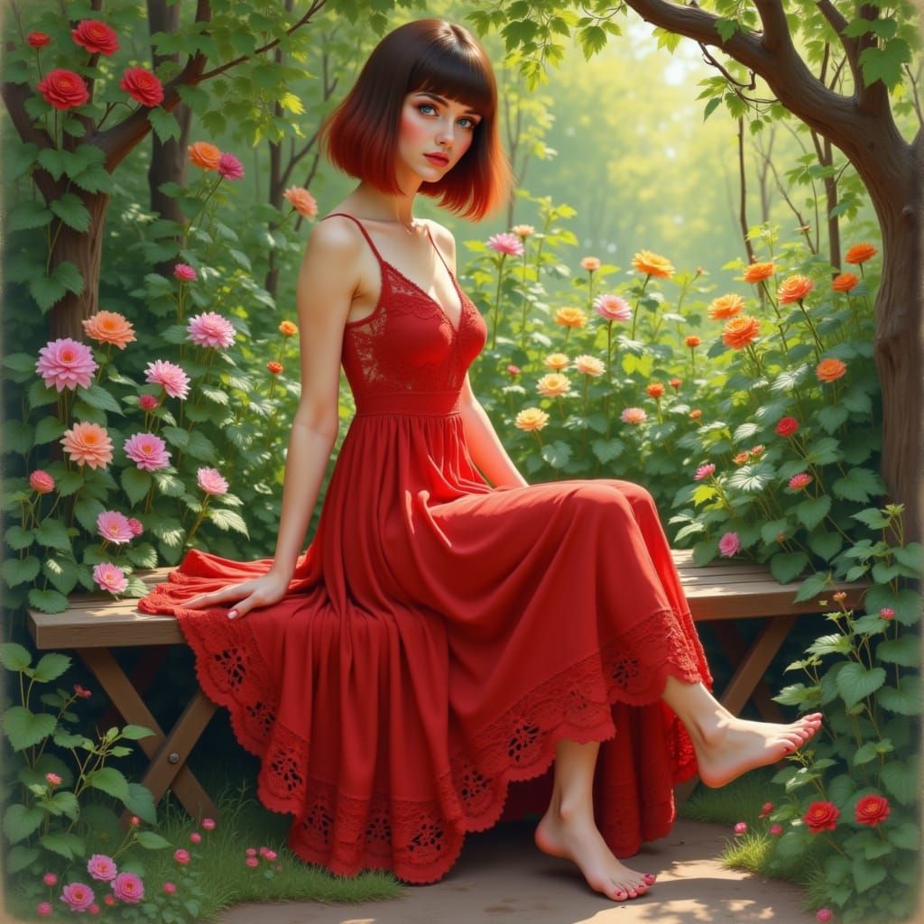 Woman in Boho Dress in Monet-Inspired Garden