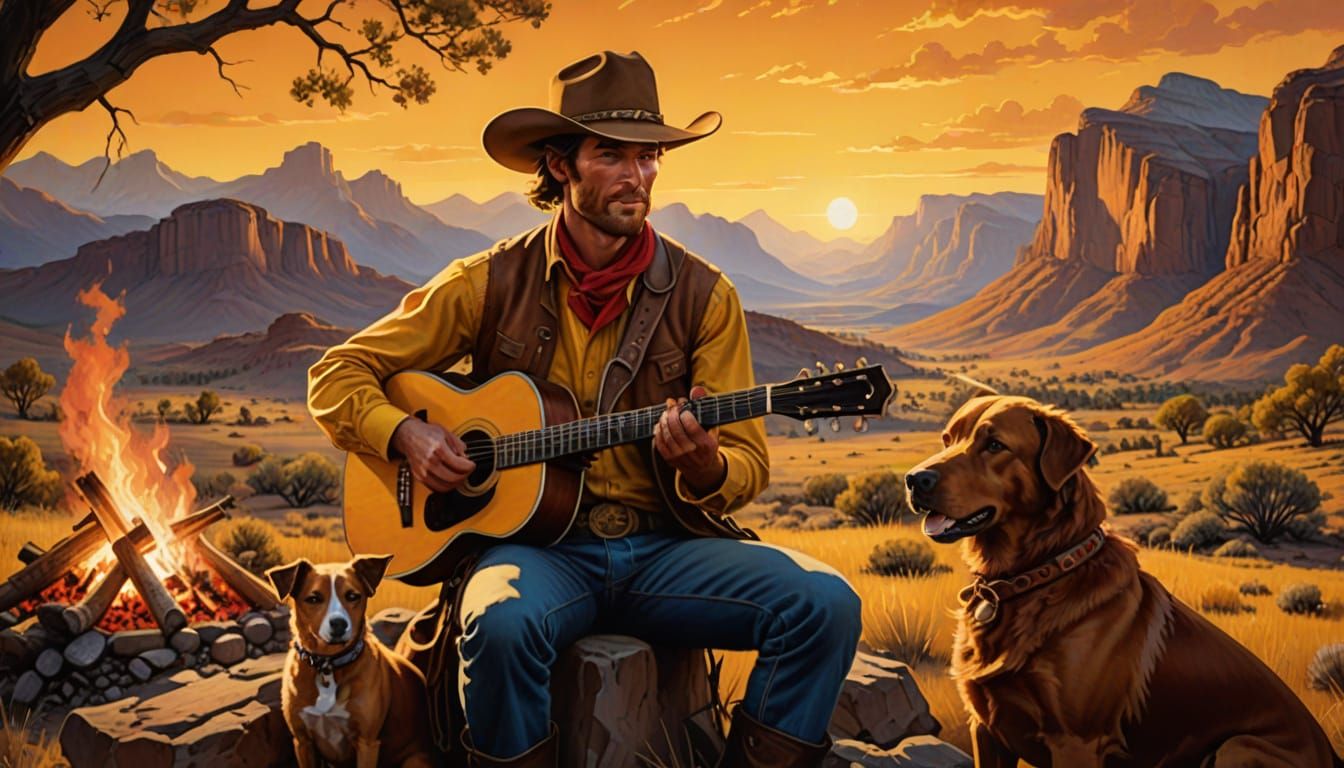 Cowboy Serenade by Campfire in Romantic Oil Painting