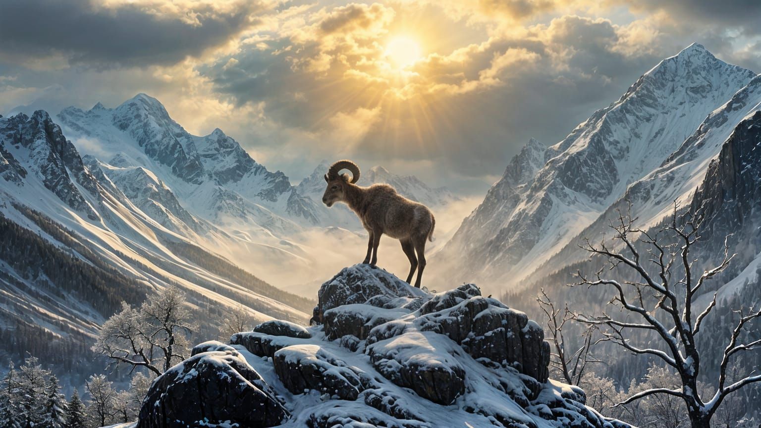 Winter's Majesty: Snow-Capped Mountains and a Regal Ram