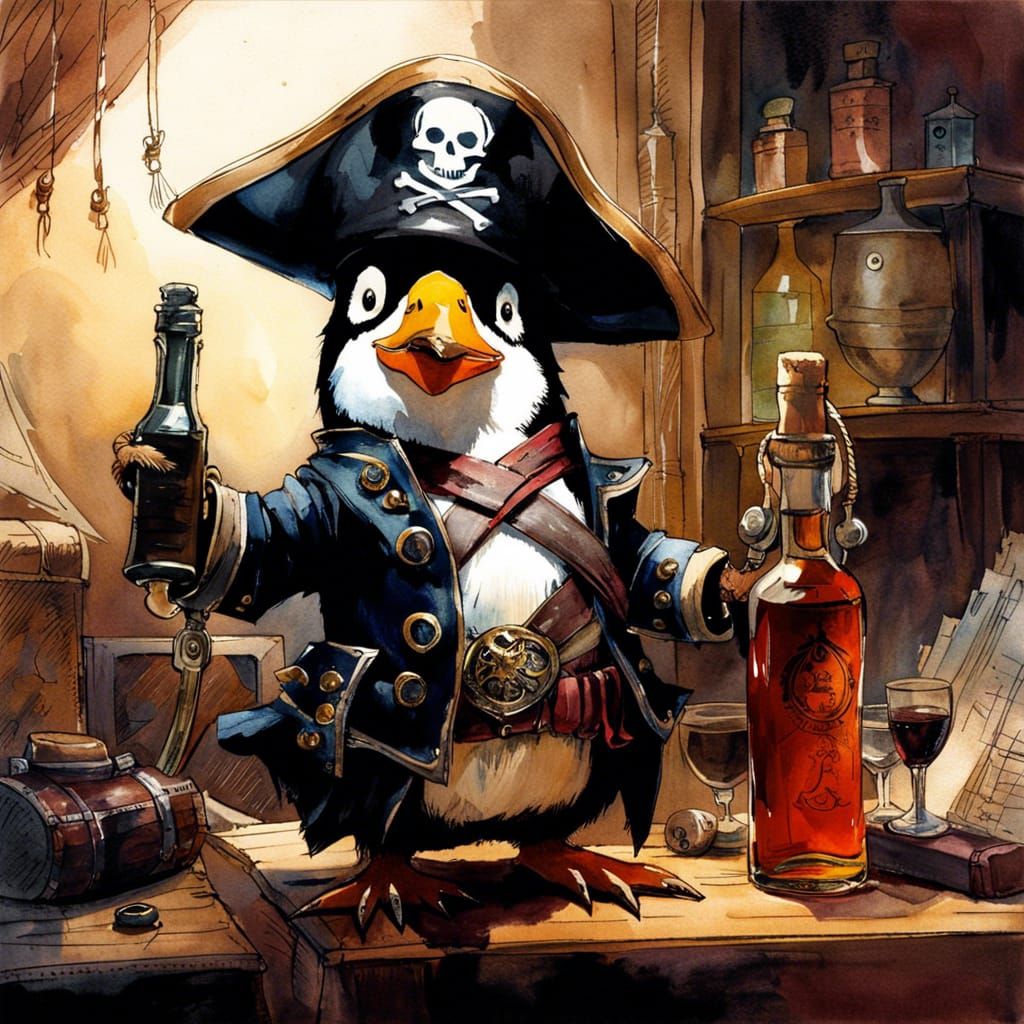 Pirate Penguin Watercolor Sketch in Detailed Pirate Outfit