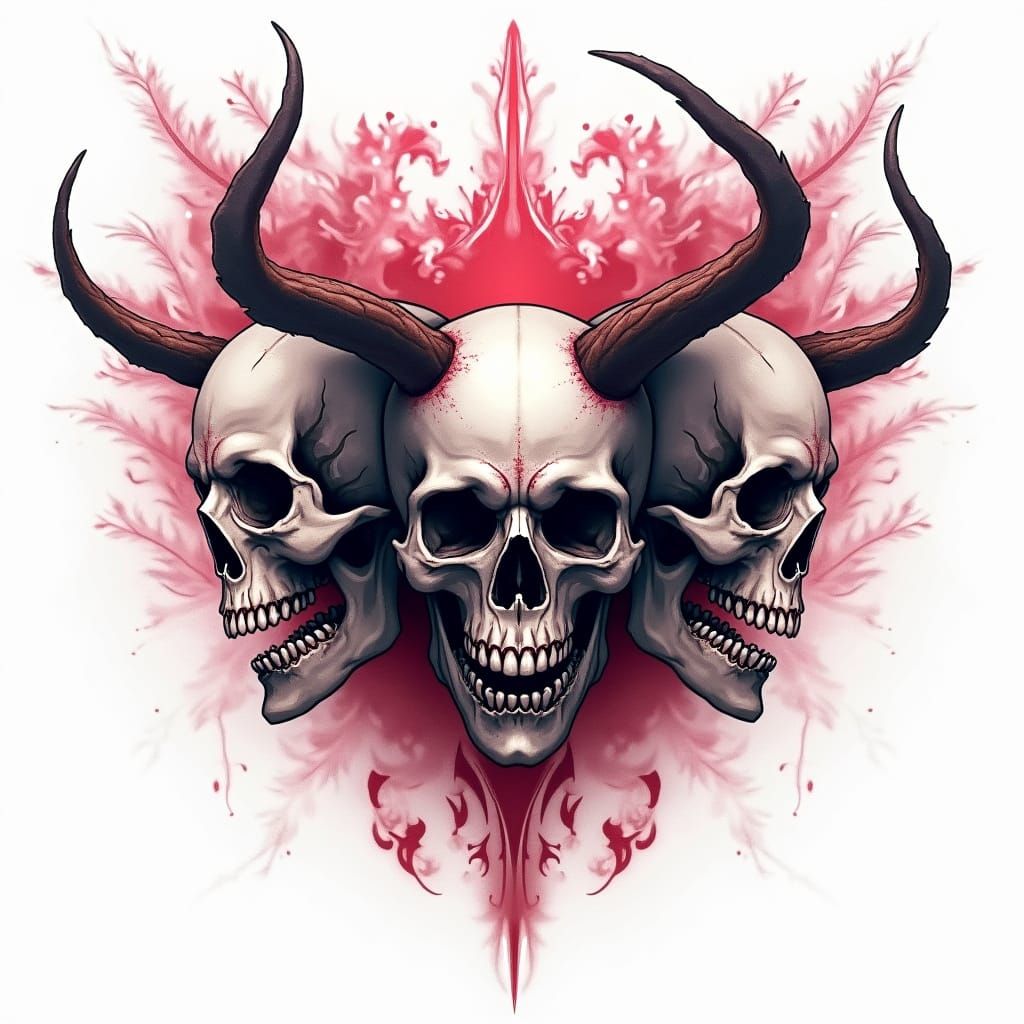 Three Demonic Skulls with Prismatic Rose Dust Tattoos
