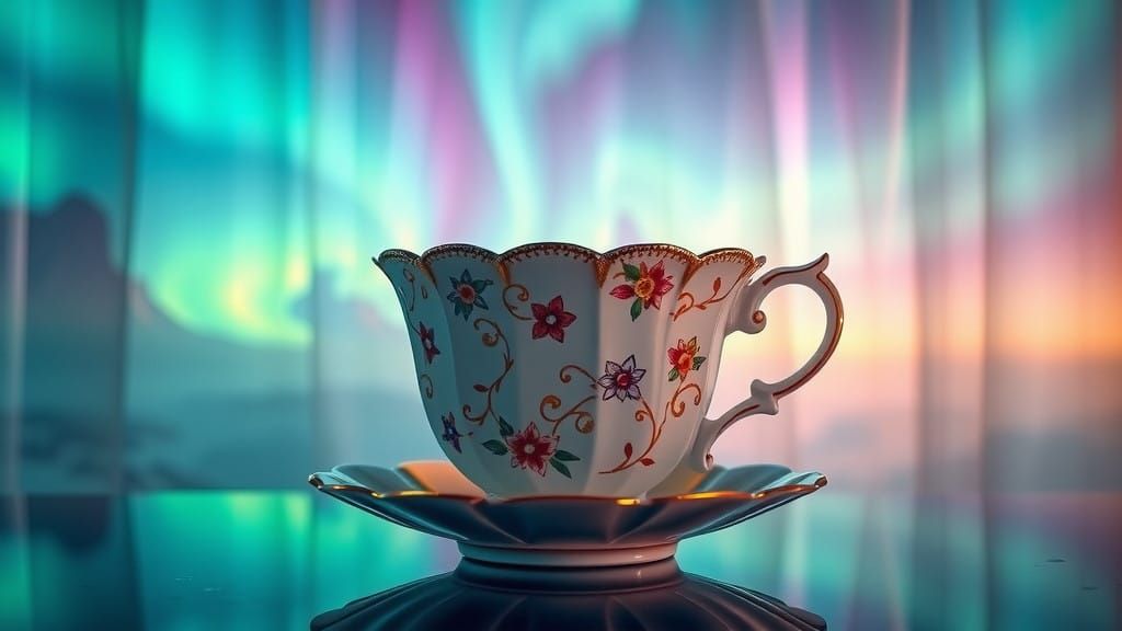 Surreal Teacup Blends with Celestial Aurora in Double Exposu...