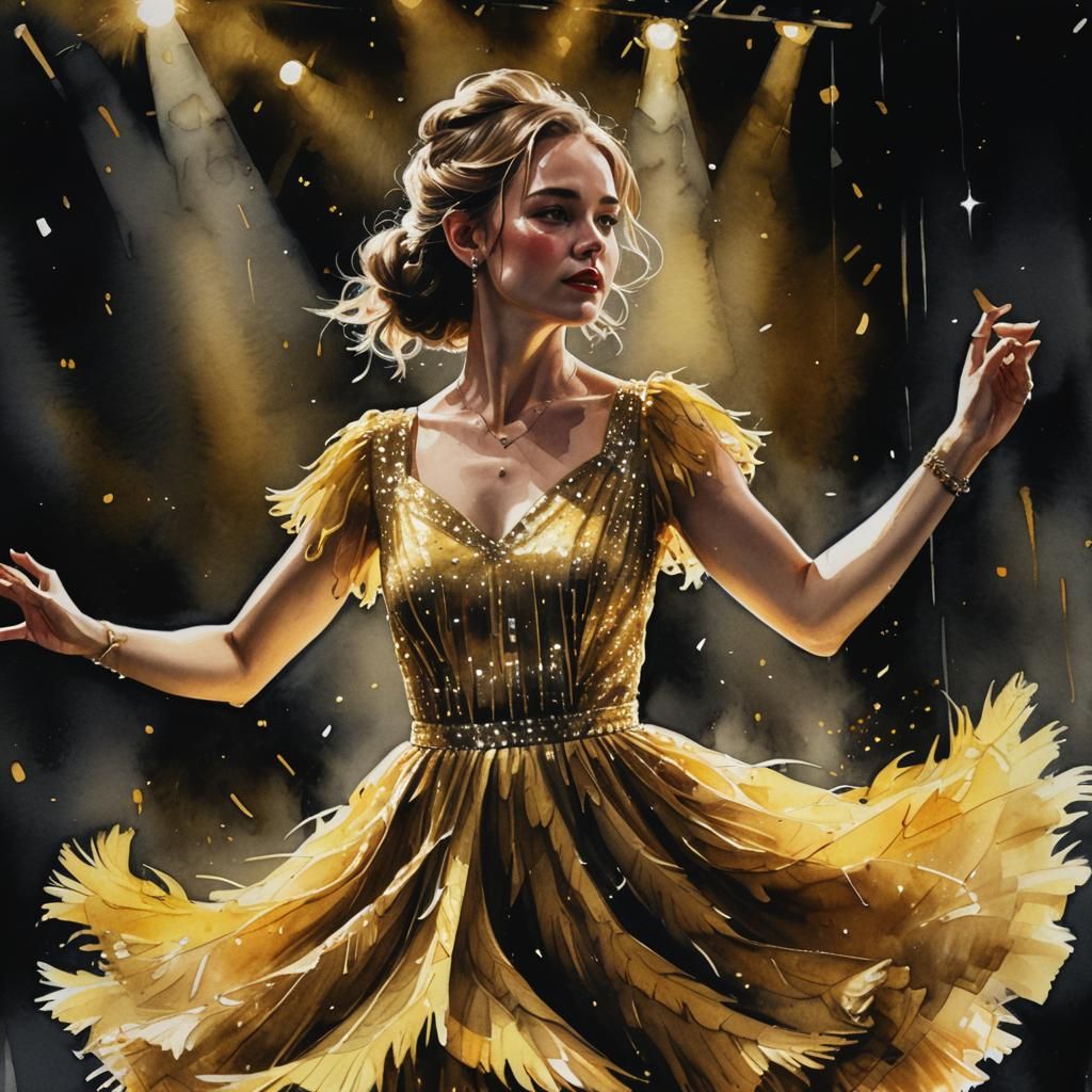 Girl Dancing in Yellow Dress: Watercolor HDR Portrait