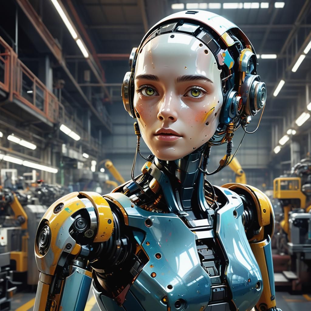 Hyperrealistic Robot Woman on Factory Floor