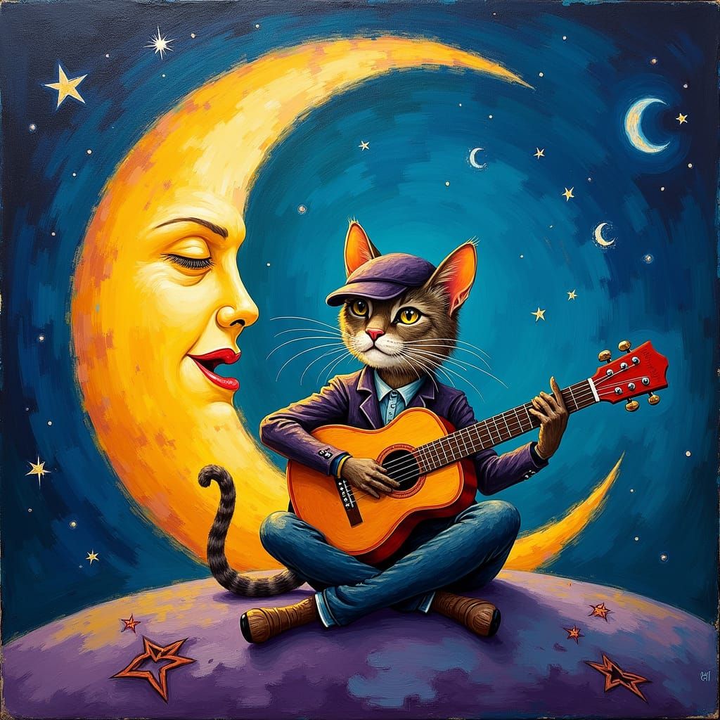 Gypsy Jazz Cat Serenade on Moonlit Night