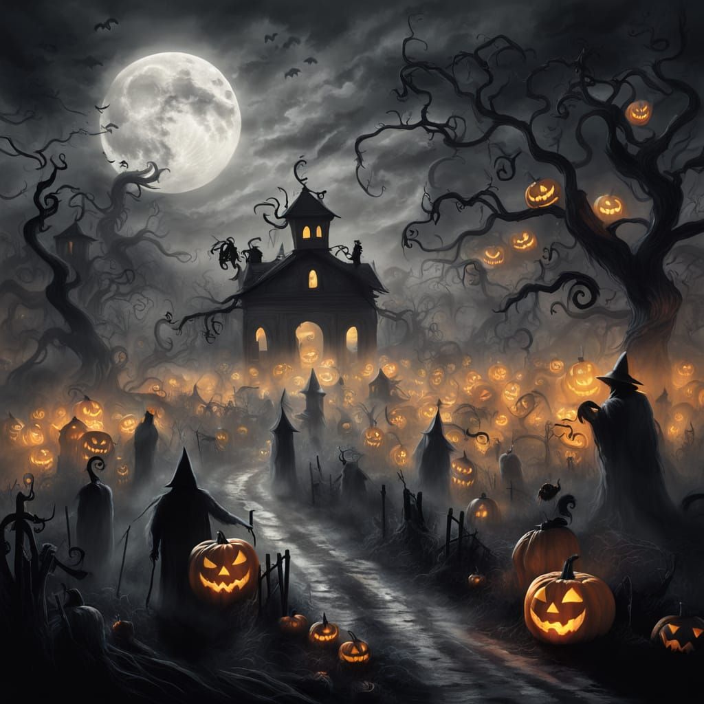 Haunted Harvest Festival at Night in Ethereal Sfumato Style
