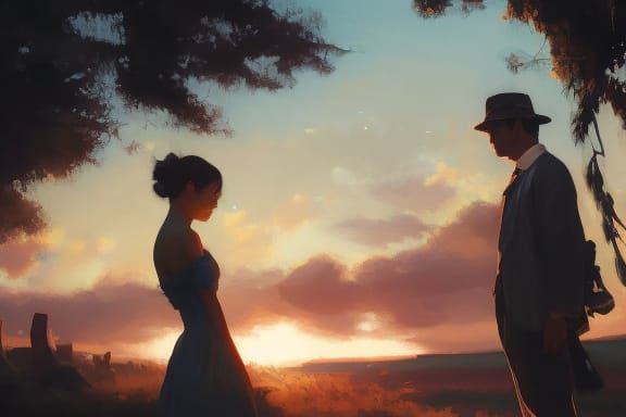 Lovers Silhouette at Sunset: Majestic Oil Painting