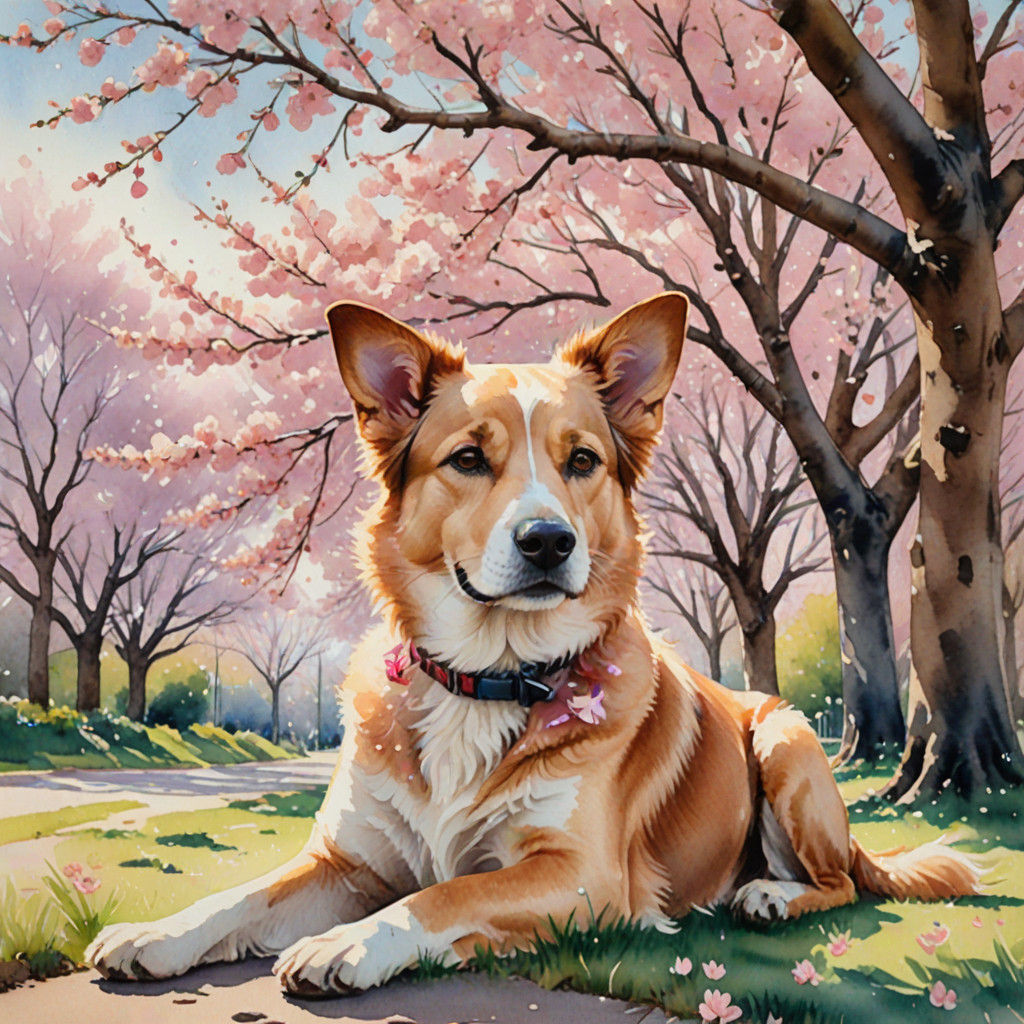 Whimsical Watercolor Springtime Scene with Dog Under Cherry...